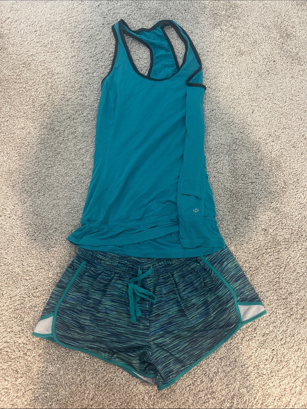 Teal Racerback Lululemon Tank & Striped Teal Running Shorts (NOT Lululemon) Set